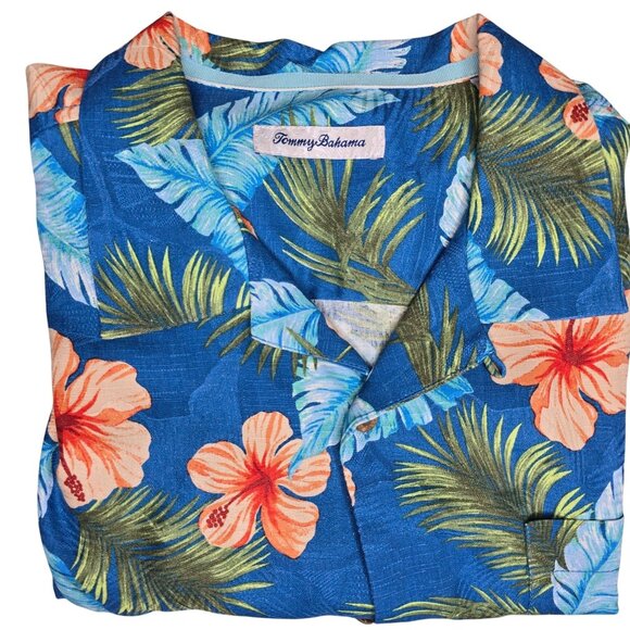 Tommy Bahama silk Mens Hawaiian Floral Short Sleeve Shirt L/ G Blue Orange Cotto - Picture 9 of 10